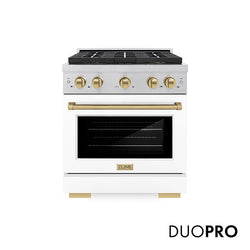 ZLINE Autograph Edition 30 in. 4.2 cu. ft. Paramount Dual Fuel Range with 4 Burner DuoPro™ Cooktop and Electric Convection Oven in Satin Stainless Steel with White Matte Door and Champagne Bronze Accents, Open Box-Great Condition