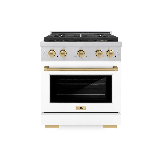 ZLINE Autograph Edition 30 in. 4.2 cu. ft. Paramount Dual Fuel Range with 4 Burner DuoPro™ Cooktop and Electric Convection Oven in Satin Stainless Steel with White Matte Door and Champagne Bronze Accents (PSDRSZ-WM-30-CB)