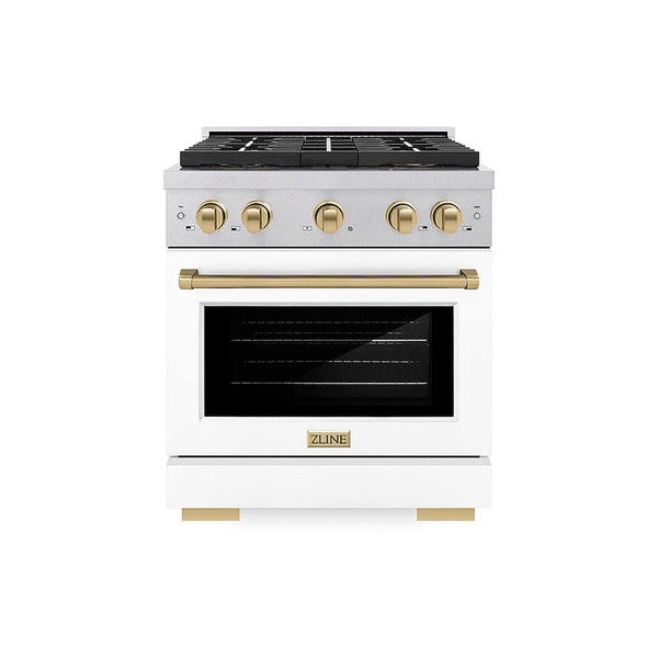 ZLINE Autograph Edition 30 in. 4.2 cu. ft. Paramount Dual Fuel Range with 4 Burner DuoPro™ Cooktop and Electric Convection Oven in Satin Stainless Steel with White Matte Door and Champagne Bronze Accents, Open Box-Good Condition