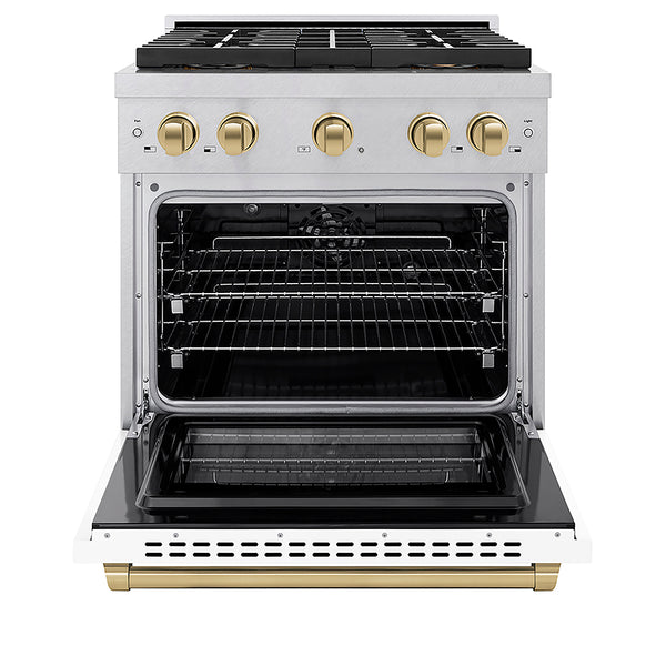 ZLINE Autograph Edition 30 in. 4.2 cu. ft. Paramount Dual Fuel Range with 4 Burner DuoPro™ Cooktop and Electric Convection Oven in Satin Stainless Steel with White Matte Door and Champagne Bronze Accents, Open Box-Great Condition