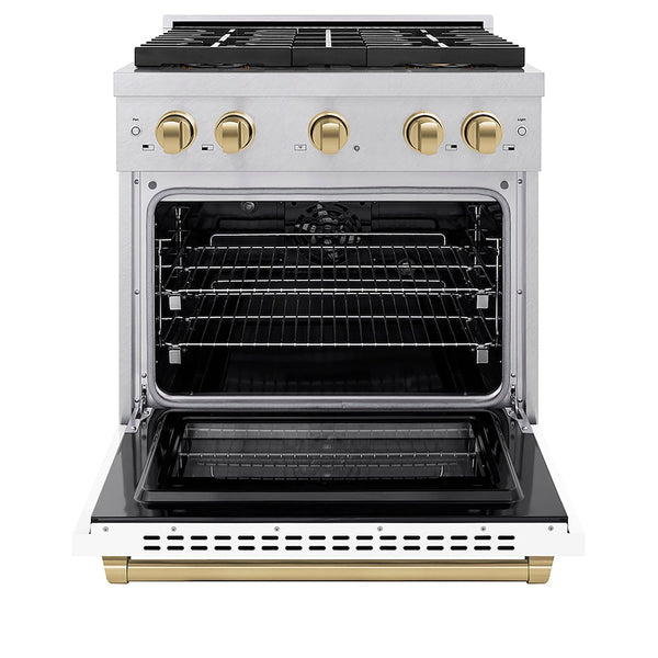 ZLINE Autograph Edition 30 in. 4.2 cu. ft. Paramount Dual Fuel Range with 4 Burner DuoPro™ Cooktop and Electric Convection Oven in Satin Stainless Steel with White Matte Door and Champagne Bronze Accents, Open Box-Good Condition