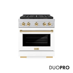 ZLINE Autograph Edition 30 in. 4.2 cu. ft. Paramount Dual Fuel Range with 4 Burner DuoPro™ Cooktop and Electric Convection Oven in Satin Stainless Steel with White Matte Door and Polished Gold Accents (PSDRSZ-WM-30-G)