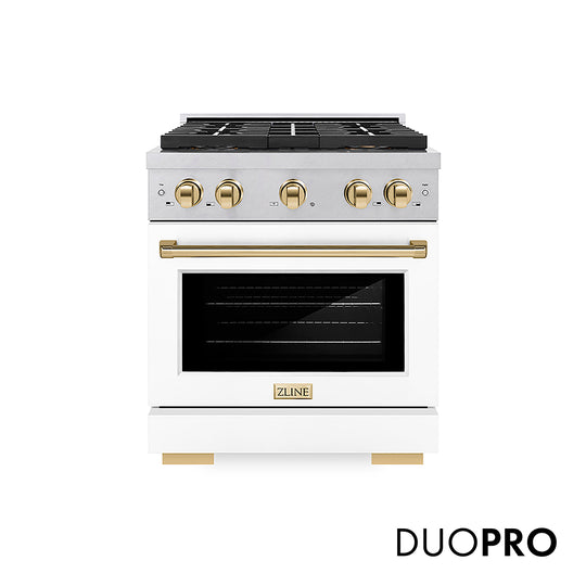 ZLINE Autograph Edition 30 in. 4.2 cu. ft. Paramount Dual Fuel Range with 4 Burner DuoPro™ Cooktop and Electric Convection Oven in Satin Stainless Steel with White Matte Door and Polished Gold Accents, Open Box-Great Condition