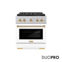 ZLINE Autograph Edition 30 in. 4.2 cu. ft. Paramount Dual Fuel Range with 4 Burner DuoPro™ Cooktop and Electric Convection Oven in Satin Stainless Steel with White Matte Door and Polished Gold Accents, Open Box-Good Condition