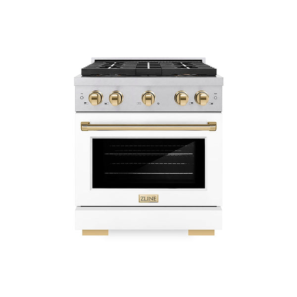 ZLINE Autograph Edition 30 in. 4.2 cu. ft. Paramount Dual Fuel Range with 4 Burner DuoPro™ Cooktop and Electric Convection Oven in Satin Stainless Steel with White Matte Door and Polished Gold Accents, Open Box-Good Condition