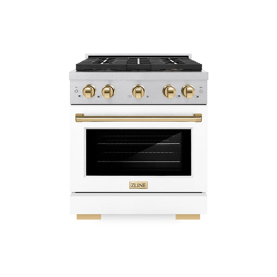 ZLINE Autograph Edition 30 in. 4.2 cu. ft. Paramount Dual Fuel Range with 4 Burner DuoPro™ Cooktop and Electric Convection Oven in Satin Stainless Steel with White Matte Door and Polished Gold Accents (PSDRSZ-WM-30-G)