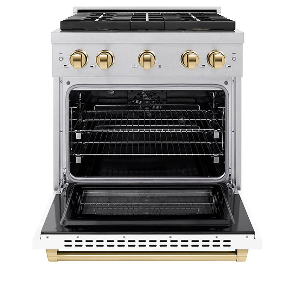 ZLINE Autograph Edition 30 in. 4.2 cu. ft. Paramount Dual Fuel Range with 4 Burner DuoPro™ Cooktop and Electric Convection Oven in Satin Stainless Steel with White Matte Door and Polished Gold Accents, Open Box-Good Condition