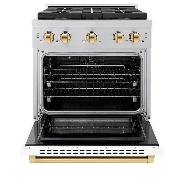 ZLINE Autograph Edition 30 in. 4.2 cu. ft. Paramount Dual Fuel Range with 4 Burner DuoPro™ Cooktop and Electric Convection Oven in Satin Stainless Steel with White Matte Door and Polished Gold Accents, Open Box-Great Condition