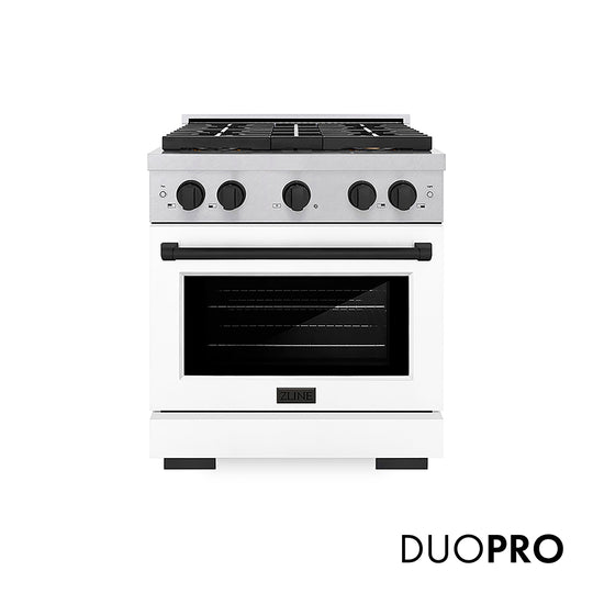 ZLINE Autograph Edition 30 in. 4.2 cu. ft. Paramount Dual Fuel Range with 4 Burner DuoPro™ Cooktop and Electric Convection Oven in Satin Stainless Steel with White Matte Door and Matte Black Accents, Open Box-Great Condition