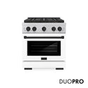 ZLINE Autograph Edition 30 in. 4.2 cu. ft. Paramount Dual Fuel Range with 4 Burner DuoPro™ Cooktop and Electric Convection Oven in Satin Stainless Steel with White Matte Door and Matte Black Accents (PSDRSZ-WM-30-MB)