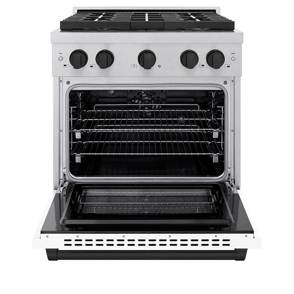 ZLINE Autograph Edition 30 in. 4.2 cu. ft. Paramount Dual Fuel Range with 4 Burner DuoPro™ Cooktop and Electric Convection Oven in Satin Stainless Steel with White Matte Door and Matte Black Accents, Open Box-Good Condition