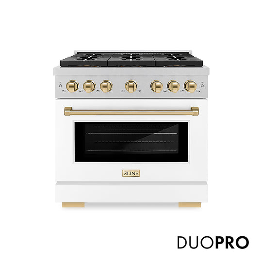 ZLINE Autograph Edition 36 in. 5.2 cu. ft. Paramount Dual Fuel Range with 6 Burner DuoPro™ Cooktop and Electric Convection Oven in Satin Stainless Steel with White Matte Door and Polished Gold Accents, Open Box-Great Condition