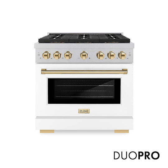 ZLINE Autograph Edition 36 in. 5.2 cu. ft. Paramount Dual Fuel Range with 6 Burner DuoPro™ Cooktop and Electric Convection Oven in Satin Stainless Steel with White Matte Door and Polished Gold Accents, Open Box-Good Condition