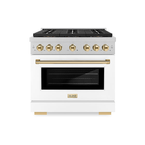ZLINE Autograph Edition 36 in. 5.2 cu. ft. Paramount Dual Fuel Range with 6 Burner DuoPro™ Cooktop and Electric Convection Oven in Satin Stainless Steel with White Matte Door and Polished Gold Accents, Open Box-Great Condition