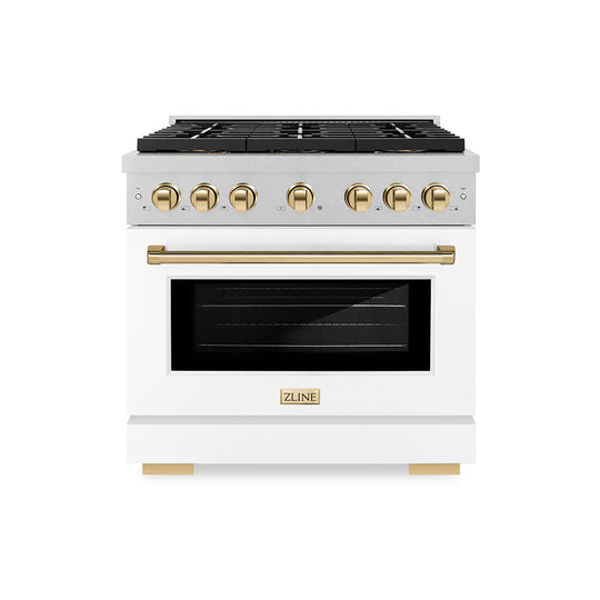 ZLINE Autograph Edition 36 in. 5.2 cu. ft. Paramount Dual Fuel Range with 6 Burner DuoPro™ Cooktop and Electric Convection Oven in Satin Stainless Steel with White Matte Door and Polished Gold Accents (PSDRSZ-WM-36-G)