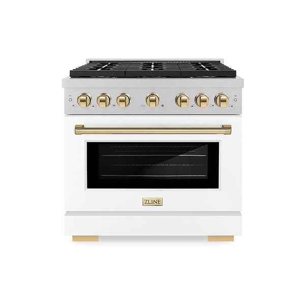 ZLINE Autograph Edition 36 in. 5.2 cu. ft. Paramount Dual Fuel Range with 6 Burner DuoPro™ Cooktop and Electric Convection Oven in Satin Stainless Steel with White Matte Door and Polished Gold Accents, Open Box-Good Condition