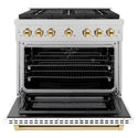 ZLINE Autograph Edition 36 in. 5.2 cu. ft. Paramount Dual Fuel Range with 6 Burner DuoPro™ Cooktop and Electric Convection Oven in Satin Stainless Steel with White Matte Door and Polished Gold Accents, Open Box-Great Condition