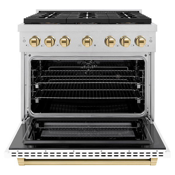 ZLINE Autograph Edition 36 in. 5.2 cu. ft. Paramount Dual Fuel Range with 6 Burner DuoPro™ Cooktop and Electric Convection Oven in Satin Stainless Steel with White Matte Door and Polished Gold Accents, Open Box-Great Condition