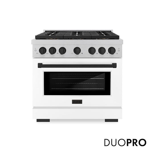 ZLINE Autograph Edition 36 in. 5.2 cu. ft. Paramount Dual Fuel Range with 6 Burner DuoPro™ Cooktop and Electric Convection Oven in Satin Stainless Steel with White Matte Door and Matte Black Accents, Open Box-Good Condition