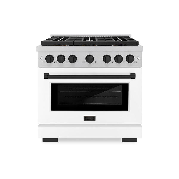 ZLINE Autograph Edition 36 in. 5.2 cu. ft. Paramount Dual Fuel Range with 6 Burner DuoPro™ Cooktop and Electric Convection Oven in Satin Stainless Steel with White Matte Door and Matte Black Accents, Open Box-Good Condition