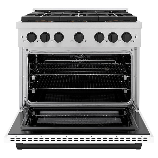 ZLINE Autograph Edition 36 in. 5.2 cu. ft. Paramount Dual Fuel Range with 6 Burner DuoPro™ Cooktop and Electric Convection Oven in Satin Stainless Steel with White Matte Door and Matte Black Accents, Open Box-Great Condition