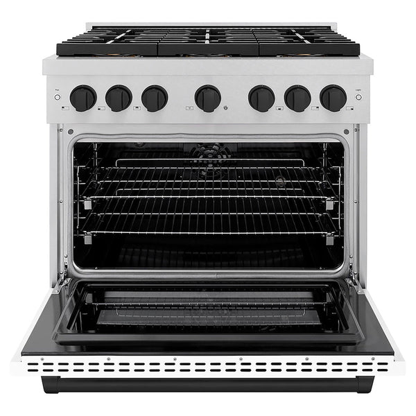 ZLINE Autograph Edition 36 in. 5.2 cu. ft. Paramount Dual Fuel Range with 6 Burner DuoPro™ Cooktop and Electric Convection Oven in Satin Stainless Steel with White Matte Door and Matte Black Accents, Open Box-Good Condition