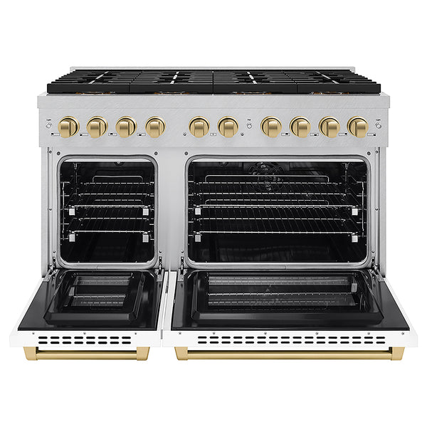 ZLINE Autograph Edition 48 in. 6.7 cu. ft. Paramount Dual Fuel Range with 8 Burner DuoPro™ Cooktop and Dual Ovens in Satin Stainless Steel with White Matte Doors and Champagne Bronze Accents, Open Box-Great Condition