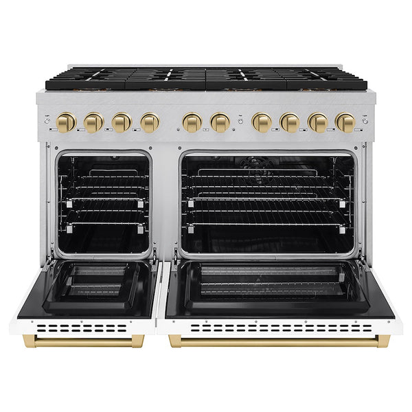 ZLINE Autograph Edition 48 in. 6.7 cu. ft. Paramount Dual Fuel Range with 8 Burner DuoPro™ Cooktop and Dual Ovens in Satin Stainless Steel with White Matte Doors and Champagne Bronze Accents, Open Box-Good Condition