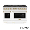 ZLINE Autograph Edition 48 in. 6.7 cu. ft. Paramount Dual Fuel Range with 8 Burner DuoPro™ Cooktop and Dual Ovens in Satin Stainless Steel with White Matte Doors and Champagne Bronze Accents, Open Box-Great Condition
