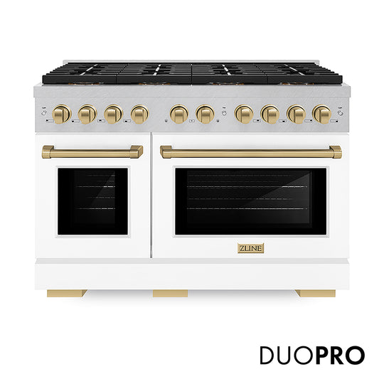 ZLINE Autograph Edition 48 in. 6.7 cu. ft. Paramount Dual Fuel Range with 8 Burner DuoPro™ Cooktop and Dual Ovens in Satin Stainless Steel with White Matte Doors and Champagne Bronze Accents, Open Box-Great Condition