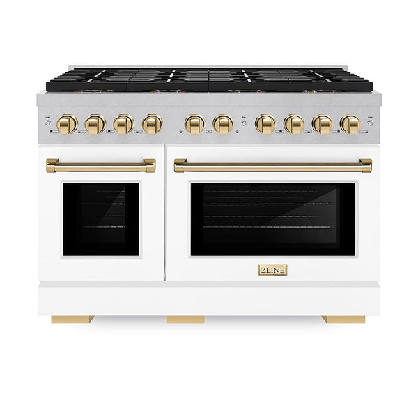 ZLINE Autograph Edition 48 in. 6.7 cu. ft. Paramount Dual Fuel Range with 8 Burner DuoPro™ Cooktop and Dual Ovens in Satin Stainless Steel with White Matte Doors and Polished Gold Accents, Open Box-Good Condition
