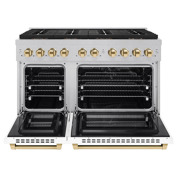 ZLINE Autograph Edition 48 in. 6.7 cu. ft. Paramount Dual Fuel Range with 8 Burner DuoPro™ Cooktop and Dual Ovens in Satin Stainless Steel with White Matte Doors and Polished Gold Accents, Open Box-Good Condition