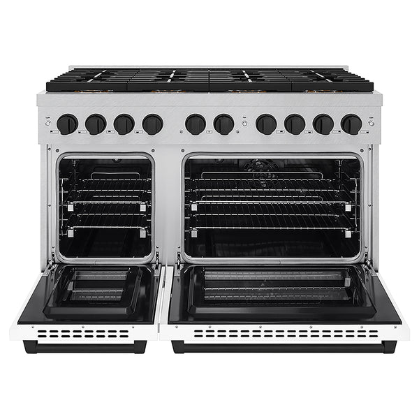 ZLINE Autograph Edition 48 in. 6.7 cu. ft. Paramount Dual Fuel Range with 8 Burner DuoPro™ Cooktop and Dual Ovens in Satin Stainless Steel with White Matte Doors and Matte Black Accents, Open Box-Great Condition