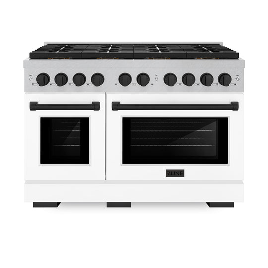 ZLINE Autograph Edition 48 in. 6.7 cu. ft. Paramount Dual Fuel Range with 8 Burner DuoPro™ Cooktop and Dual Ovens in Satin Stainless Steel with White Matte Doors and Matte Black Accents (PSDRSZ-WM-48-MB)
