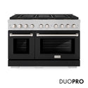 ZLINE 48 in. 6.7 cu. ft. Paramount Dual Fuel Range with 8 Burner DuoPro™ Cooktop and Dual Ovens in Satin Stainless Steel with Black Matte Doors (PSDRS-BLM-48)