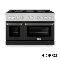 ZLINE 48 in. 6.7 cu. ft. Paramount Dual Fuel Range with 8 Burner DuoPro™ Cooktop and Dual Ovens in Satin Stainless Steel with Black Matte Doors (PSDRS-BLM-48)