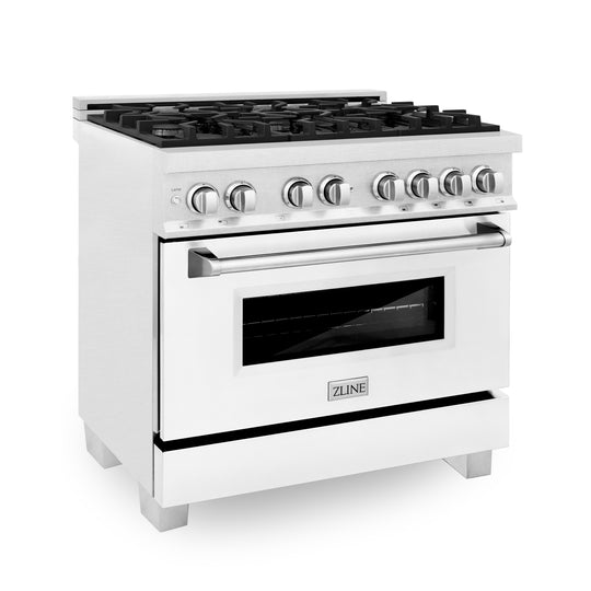 ZLINE 36 in. 4.6 cu. ft. Legacy Dual Fuel Range with 6 Burner Gas Cooktop and Electric Convection Oven in Satin Stainless Steel and White Matte Door (RAS-WM-36)