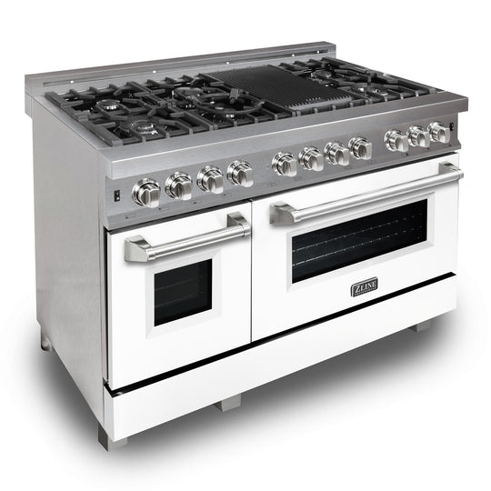 ZLINE 48 in. 6.0 cu. ft. Legacy Dual Fuel Range with 7 Burner Gas Cooktop and 2 Electric Ovens in Satin Stainless Steel and White Matte Doors (RAS-WM-48)