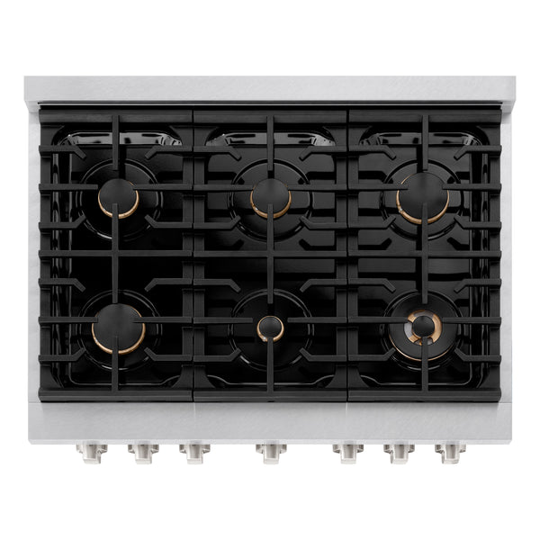 ZLINE 36 in. 5.2 cu. ft. Paramount Gas Range with Convection Gas Oven in Satin Stainless Steel with 6 Brass Burners (SGRS-BR-36)