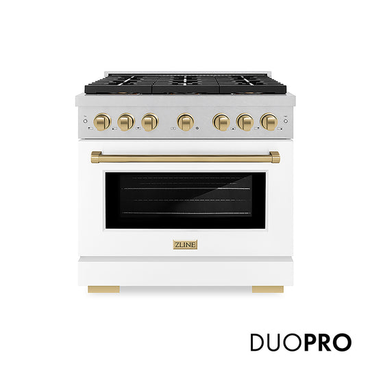 ZLINE Autograph Edition 36 in. 5.2 cu. ft. Paramount Dual Fuel Range with 6 Burner DuoPro™ Cooktop and Electric Convection Oven in Satin Stainless Steel with White Matte Door and Champagne Bronze Accents, Open Box-Great Condition