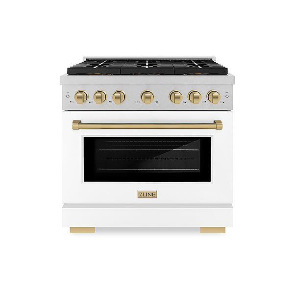 ZLINE Autograph Edition 36 in. 5.2 cu. ft. Paramount Dual Fuel Range with 6 Burner DuoPro™ Cooktop and Electric Convection Oven in Satin Stainless Steel with White Matte Door and Champagne Bronze Accents, Open Box-Great Condition