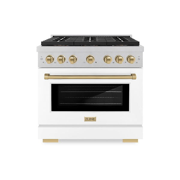 ZLINE Autograph Edition 36 in. 5.2 cu. ft. Paramount Dual Fuel Range with 6 Burner DuoPro™ Cooktop and Electric Convection Oven in Satin Stainless Steel with White Matte Door and Champagne Bronze Accents, Open Box-Good Condition