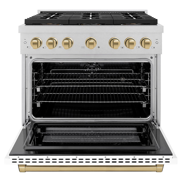 ZLINE Autograph Edition 36 in. 5.2 cu. ft. Paramount Dual Fuel Range with 6 Burner DuoPro™ Cooktop and Electric Convection Oven in Satin Stainless Steel with White Matte Door and Champagne Bronze Accents, Open Box-Good Condition