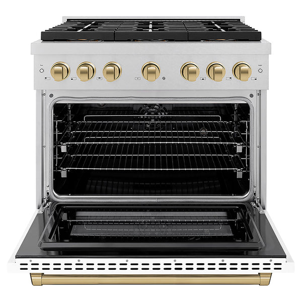 ZLINE Autograph Edition 36 in. 5.2 cu. ft. Paramount Dual Fuel Range with 6 Burner DuoPro™ Cooktop and Electric Convection Oven in Satin Stainless Steel with White Matte Door and Champagne Bronze Accents, Open Box-Great Condition