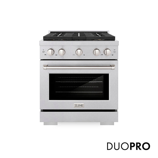 ZLINE 30 in. 4.2 cu. ft. Paramount Gas Range with 4 Burner DuoPro™ Cooktop and Convection Gas Oven in Satin Stainless Steel, Open Box-Good Condition