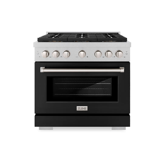 ZLINE 36 in. 5.2 cu. ft. Paramount Gas Range with 6 Burner DuoPro™ Cooktop and Convection Gas Oven in Satin Stainless Steel with Black Matte Door (PSGRS-BLM-36)