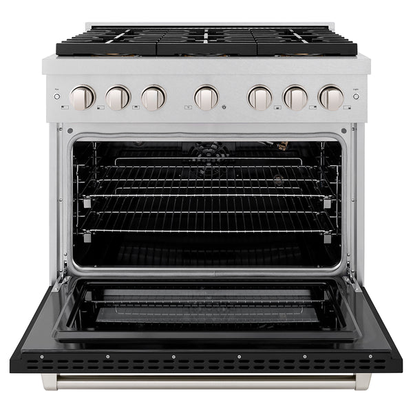 ZLINE 36 in. 5.2 cu. ft. Paramount Gas Range with 6 Burner DuoPro™ Cooktop and Convection Gas Oven in Satin Stainless Steel with Black Matte Door (PSGRS-BLM-36)