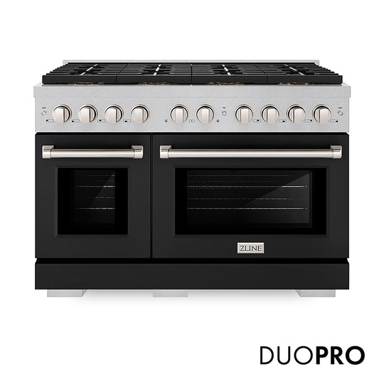 ZLINE 48 in. 6.7 cu. ft. Paramount Gas Range with 8 Burner DuoPro™ Cooktop and Dual Ovens in Satin Stainless Steel with Black Matte Doors (PSGRS-BLM-48)