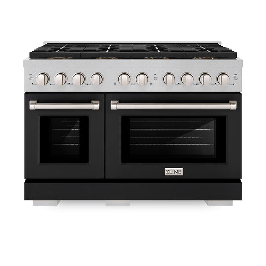 ZLINE 48 in. 6.7 cu. ft. Paramount Gas Range with 8 Burner DuoPro™ Cooktop and Dual Ovens in Satin Stainless Steel with Black Matte Doors (PSGRS-BLM-48)