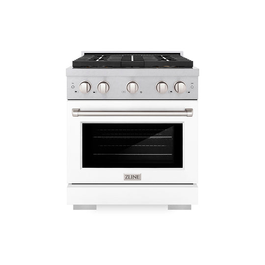 ZLINE 30 in. 4.2 cu. ft. Paramount Gas Range with 4 Burner DuoPro™ Cooktop and Convection Gas Oven in Satin Stainless Steel with White Matte Door (PSGRS-WM-30)